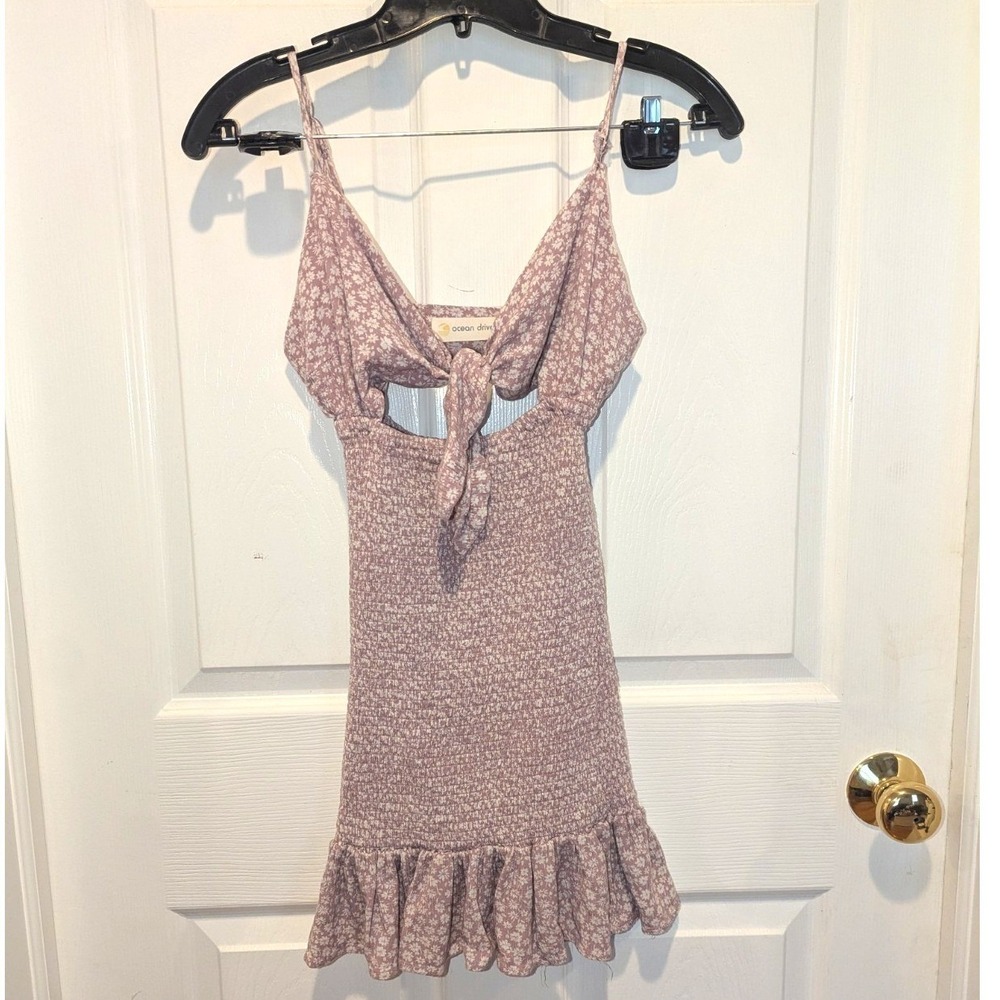 Y2K Coquette Floral Smocked Cutout Mini Dress Tie Front Ocean Drive S